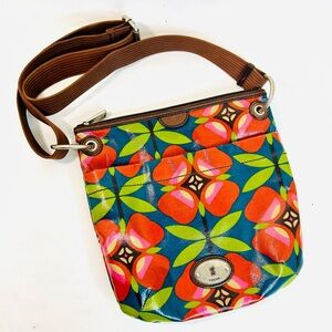 Fossil Key-Per Floral Coated Canvas Crossbody Bag with Brown Adjustable Strap